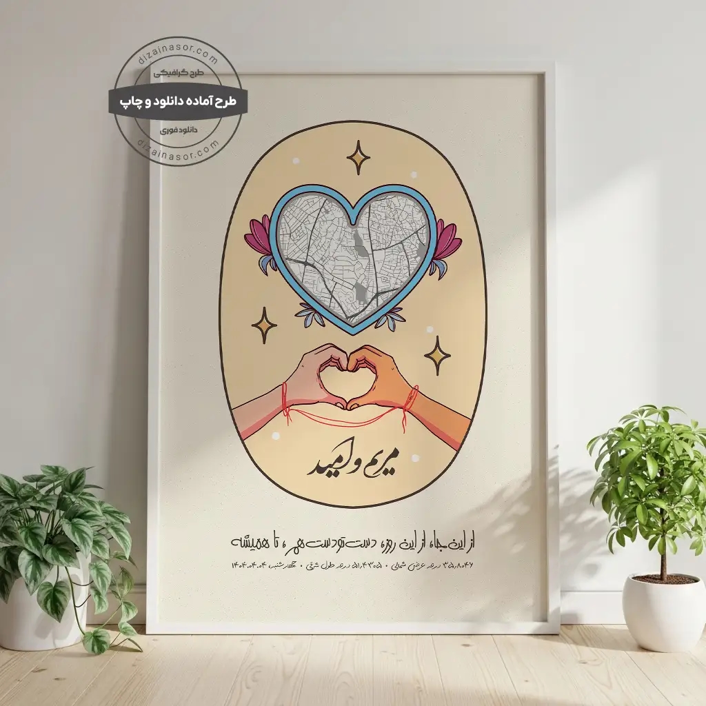 پوستر شخصی‌سازی‌شده عشق و سرنوشت | نقشه قلبی، شکل قلب با دستان دو نفر و نخ سرنوشت
