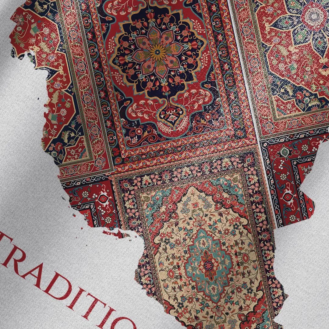طرح تیشرت نقشه ایران با الهام از فرش ایرانی | شجاع و سنتی | Bold & Traditional