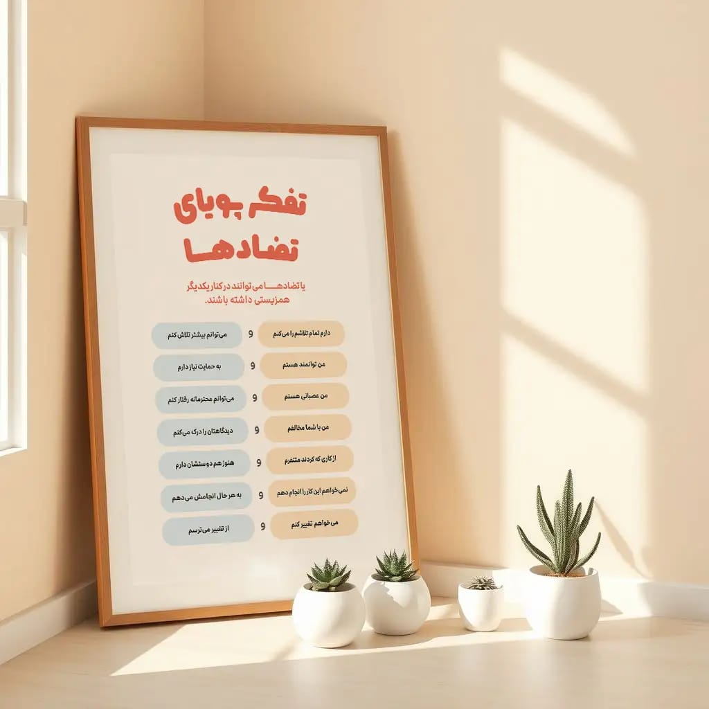 پوستر انگیزشی «تفکر پویای تضادها» | طرح قابل چاپ برای پذیرش هم‌زیستی تناقضات | افزایش انعطاف‌پذیری ذهنی و ارتقای رشد فکری