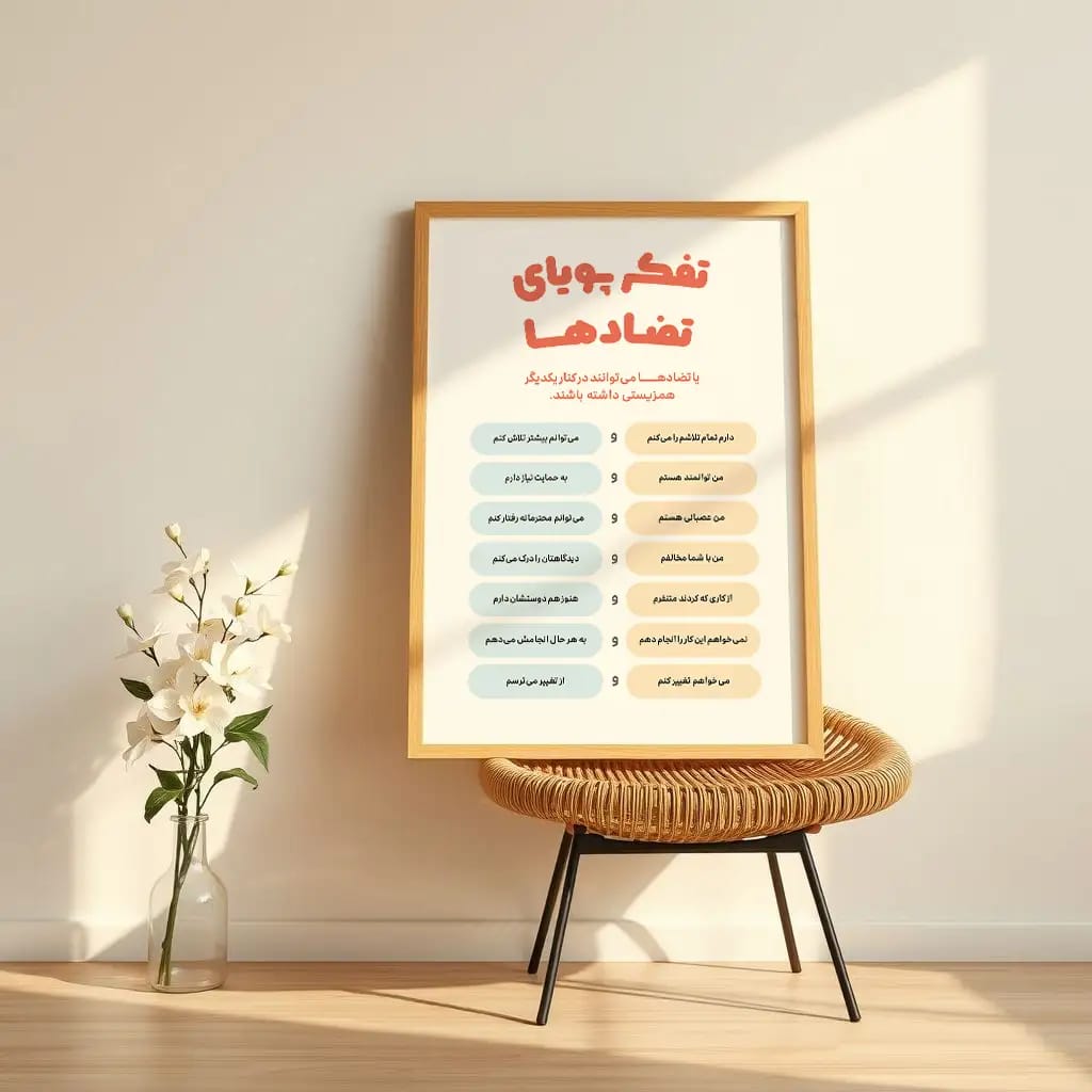 پوستر انگیزشی «تفکر پویای تضادها» | طرح قابل چاپ برای پذیرش هم‌زیستی تناقضات | افزایش انعطاف‌پذیری ذهنی و ارتقای رشد فکری
