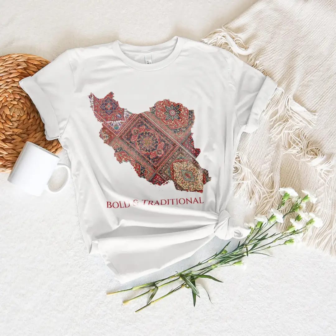 طرح تیشرت نقشه ایران با الهام از فرش ایرانی | شجاع و سنتی | Bold & Traditional